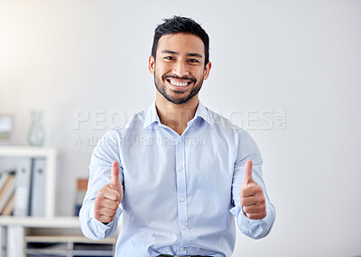 Buy stock photo Thumbs up, work success and business man in support of startup company, management thank you in office and happy with corporate goal. Portrait of Asian worker with agreement hand sign for career