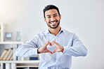 Asian businessman, heart sign and hand gesture emoji for support, trust and passion for success. Portrait of smile, happy or motivation worker for charity, community love or help for people in office