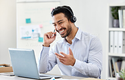 Buy stock photo Asian man, laptop or call center worker in communication, customer service or contact us support office. Smile, happy and excited crm consultant or telemarketing receptionist on tech sales consulting