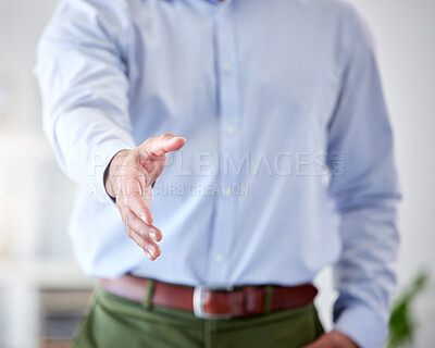 Buy stock photo Man reach for handshake, welcome new employee to team or company after interview in office. Businessman in agreement, over contract or partnership for his business, stretch hand in sign of trust.