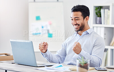 Buy stock photo Motivation, success and yes with a business man in celebration and working on a laptop by his desk in the office. Email, good news and smile with a young and happy male employee cheering at work