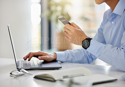 Buy stock photo Hands, laptop and credit card with a business man or accountant working in finance or banking online. Accounting, ecommerce and and shopping with a male employee at work by a desk in the office