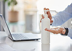 Covid, compliance and hand sanitizer with man cleaning hands before working on a laptop in a corporate office. Health, care and corona rules with professional entrepreneur disinfect workspace desk