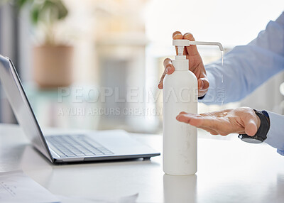 Buy stock photo Covid, compliance and hand sanitizer with man cleaning hands before working on a laptop in a corporate office. Health, care and corona rules with professional entrepreneur disinfect workspace desk