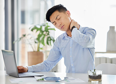 Buy stock photo Stress, burnout and neck pain Asian man with headache, anxiety and depression working with laptop on report, tax or audit in office. Frustrated and tired business man with mental health overworked