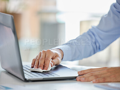 Buy stock photo Businessman, laptop and covid sanitizer wipe for cleaning keyboard bacteria, virus or stop to global healthcare crisis. Zoom on worker hands, security or employee safety compliance in company office