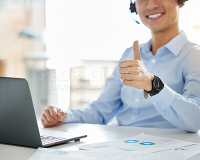 Buy stock photo Thumbs up, laptop or call center man and success deal, customer service sale or contact us support paper. Hands, motivation or happy receptionist or communication consultant working on crm consulting