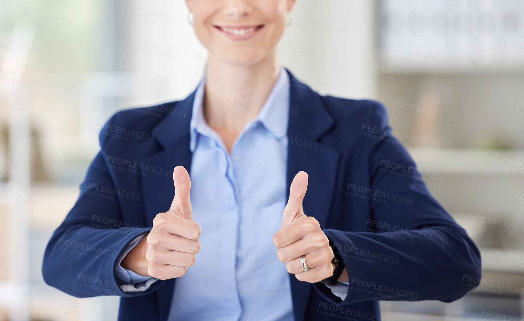 Buy stock photo Thank you, thumbs up and success business woman with yes, support and motivation for achievement in office. Portrait of girl worker with hand gestures for winner, great work and job well done
