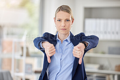 Buy stock photo Business woman, thumbs down and hands in failure, loss or disappointed at work in the office. Portrait of a corporate female employee in disagreement, reject or disapproval gesture at the workplace
