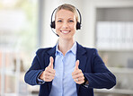 Sales woman, thumbs up success and telemarketing call center, happy customer service and yes review of agent in office. Portrait of smile crm consultant, winning business trading and consulting agree