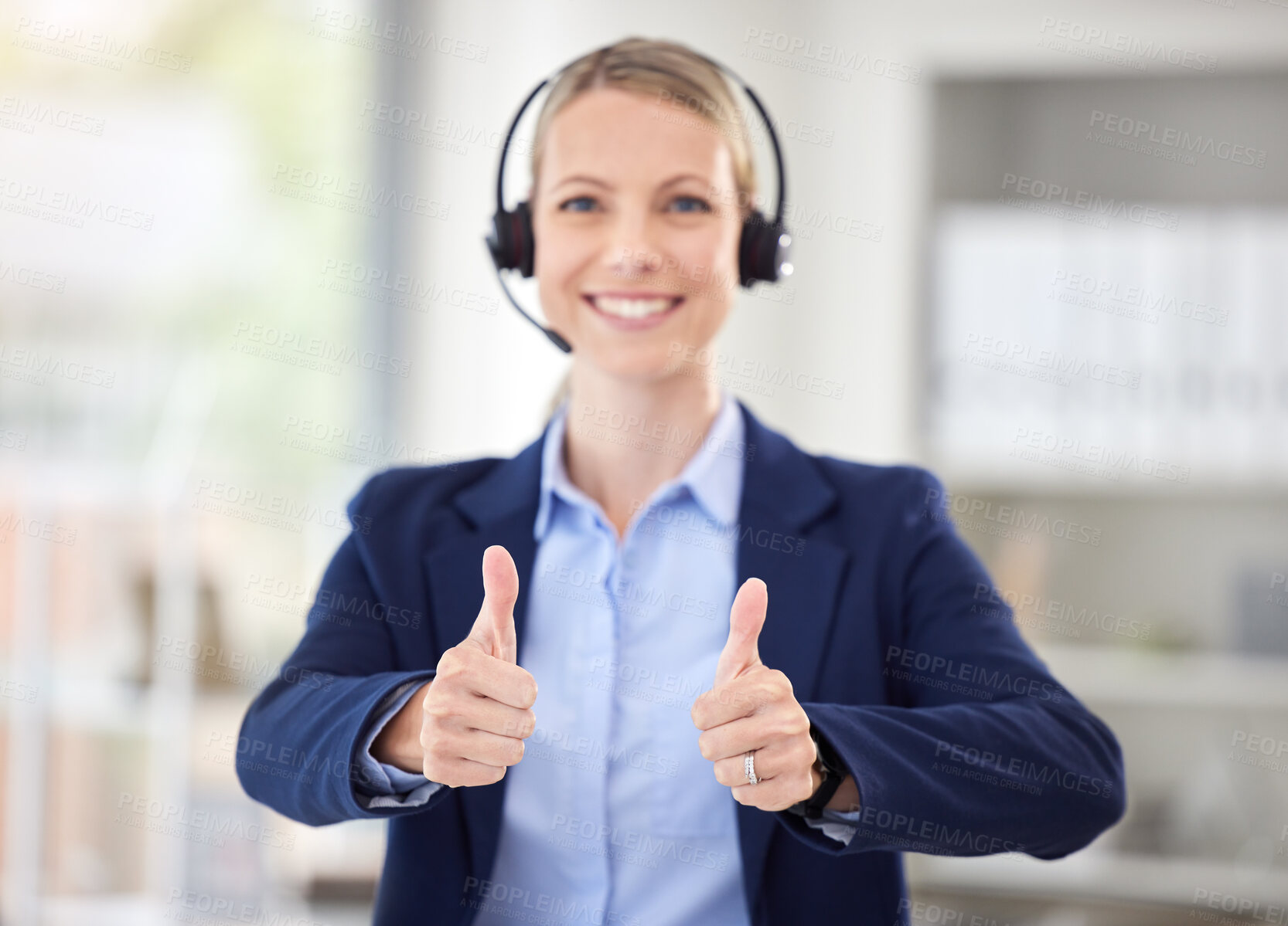 Buy stock photo Sales woman, thumbs up success and telemarketing call center, happy customer service and yes review of agent in office. Portrait of smile crm consultant, winning business trading and consulting agree