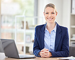 Happy business woman, laptop and smile in success for corporate management at an office desk in the workplace. Portrait of a white female manager smiling for successful company at work by computer