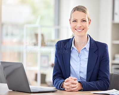 Buy stock photo Happy business woman, laptop and smile in success for corporate management at an office desk in the workplace. Portrait of a white female manager smiling for successful company at work by computer