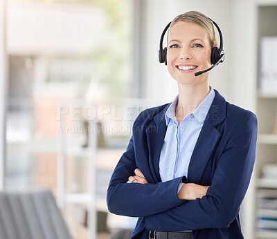 Buy stock photo Call center woman and success manager smile with headset on telemarketing and support call at office. Customer service consultant, crm agent or employee consulting or helping with contact us question