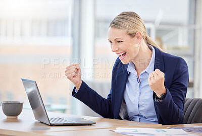 Buy stock photo Success, celebration and business woman on a laptop at her desk in corporate modern office. Happy, celebrate and victory of professional manager with smile and pumping her fist in happiness and pride
