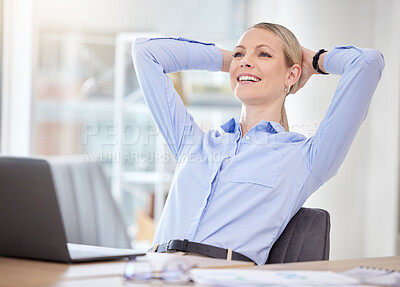 Buy stock photo Success, happy and satisfied business woman done with task, work target or closing a successful deal. Comfortable, hands behind head and relax with entrepreneur enjoying break and resting in office
