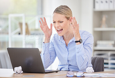 Buy stock photo Laptop accident, angry and business woman with anxiety about work email, stress about startup company review and mental health problem in office. Employee computer glitch without insurance at desk