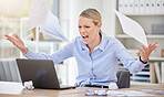 Angry business woman throwing paperwork documents in stress, frustrated and 404 laptop glitch in office. Entrepreneur screaming in anger with internet problem, burnout crisis and tax audit mistake