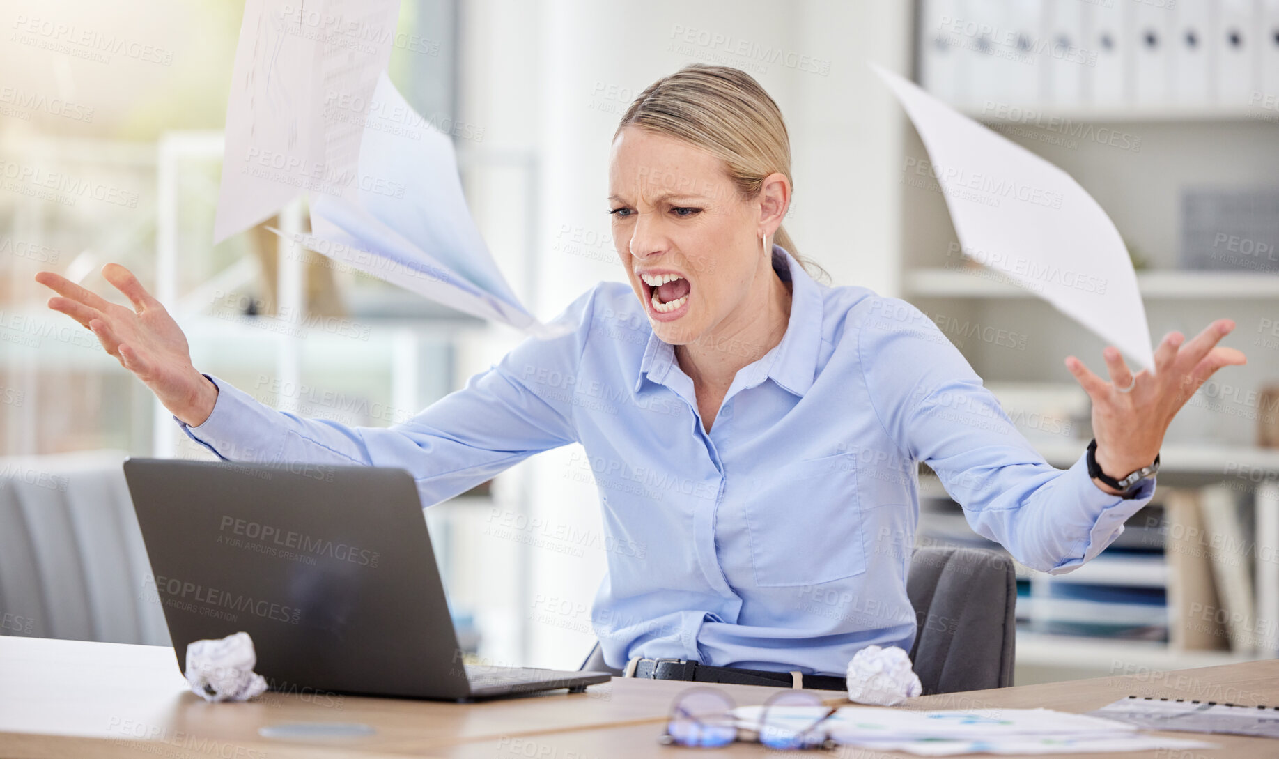 Buy stock photo Angry business woman throwing paperwork documents in stress, frustrated and 404 laptop glitch in office. Entrepreneur screaming in anger with internet problem, burnout crisis and tax audit mistake