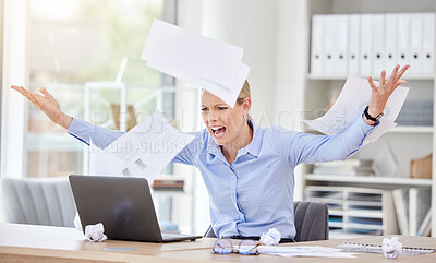 Buy stock photo Woman, laptop and stress with flying paper, anxiety and burnout with 404 technology glitch in a business office. Angry, frustrated worker and shouting employee with target audience research documents