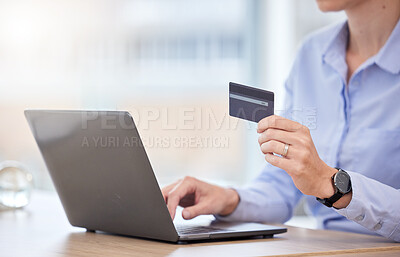 Buy stock photo Ecommerce, credit card and business woman with laptop doing online payment, checking digital bank app or online shopping. Finance, fintech and credit score with a corporate accounting person hands