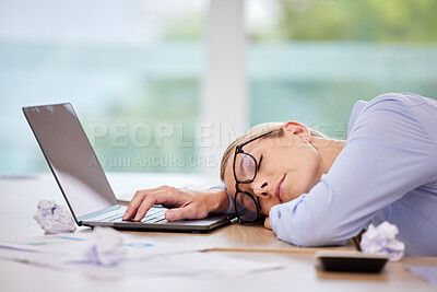 Buy stock photo Business woman sleeping at laptop desk, burnout stress from fatigue and insomnia problem in workplace career at computer. Office worker tired, risk job loss and overworked person nap at tech company