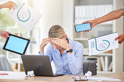 Buy stock photo Stress, demand and woman worker with hands holding business reports and blank technology screens. Anxiety, overwhelmed and tired person unhappy with corporate career pressure and deadline.