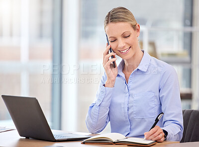 Buy stock photo Planning notebook, phone call and business woman networking with global startup, communication about corporate strategy and reading checklist in work office. Employee talking on smartphone with notes