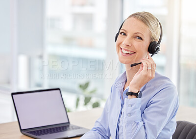 Buy stock photo Crm, call center and telemarketing woman worker with blank computer screen on a tech consultation. Portrait of a customer support, contact us and working consultant help on a internet consulting call