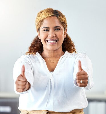 Buy stock photo Thumbs up, thank you and motivation with a business woman and winner in her office with a smile. Hands, happy and success with a winning female employee saying yes and standing in her workplace