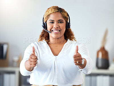 Buy stock photo Thumbs up, crm and contact use with a call center agent working in customer service or telemarketing. Thank you, sales and support with a happy business woman working in her office with a headset