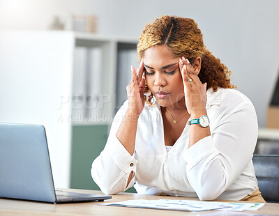 Buy stock photo Stress, anxiety and headache with business woman working in a corporate office. Manager with fear of deadline, mental health and burnout while sitting with online report or work review with laptop