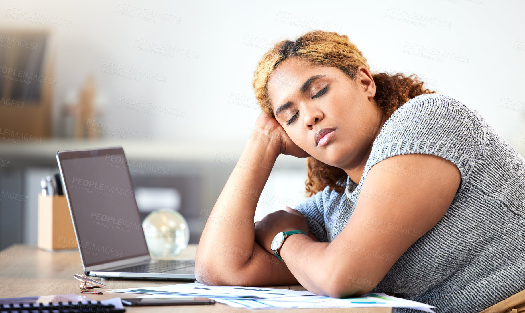 Buy stock photo Sleeping, desk and office worker burnout while working with laptop. Stress, fatigue and tired problem in your unhealthy workplace. Overworked, sleep and feeling anxious while you stay to do overtime
