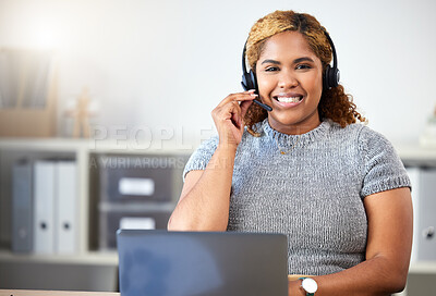 Buy stock photo Call center consultant portrait for telemarketing support with technology for crm advice or contact us. Internet consulting customer service woman or agent for ecommerce website helping and talking