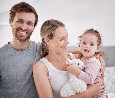 Buy stock photo Happy portrait and family in bedroom with child in loving home with young and caring parents. Love, care and trust of married people with a cute baby girl living in family home together.