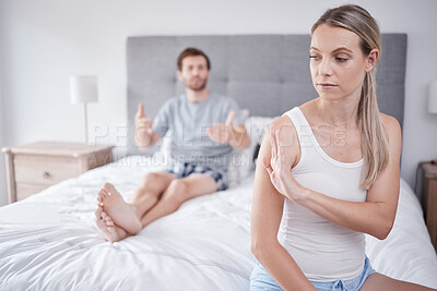 Buy stock photo Mental health, stress and a couple fight in bedroom in the morning due to bad marriage. Toxic relationship, argument and the risk of divorce after a man and woman fighting in the bed in family home.
