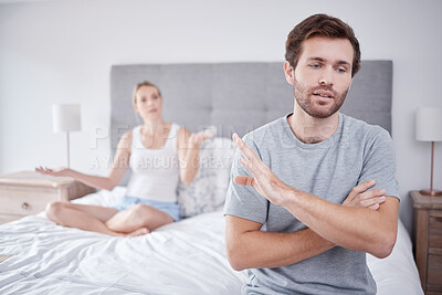 Buy stock photo Couple fight, sad divorce and angry communication in bedroom, stress about erectile dysfunction and mental health problem in home. Man and woman tired and frustrated in conversation about conflict