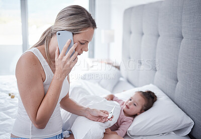 Buy stock photo Bed, sick girl and mother phone a doctor feeling stress reading thermometer results. Mom on a mobile call listen and help with child health care for kid in a house bedroom feeling anxiety from covid