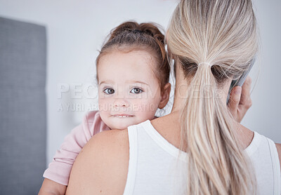 Buy stock photo Baby, communication and mom talking in phone call conversation while multitasking on business call. Work from home single mother holding a little girl, child or kid while speaking on a mobile