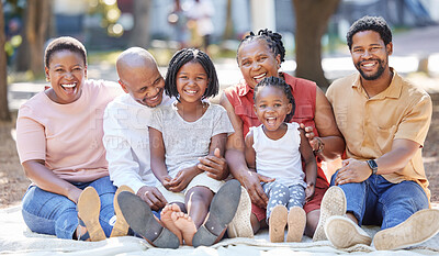 Buy stock photo Generation of happy family, picnic in park and garden for summer in nature outdoors to relax, care and quality time together. Black people portrait of grandparents, parents and children enjoying day