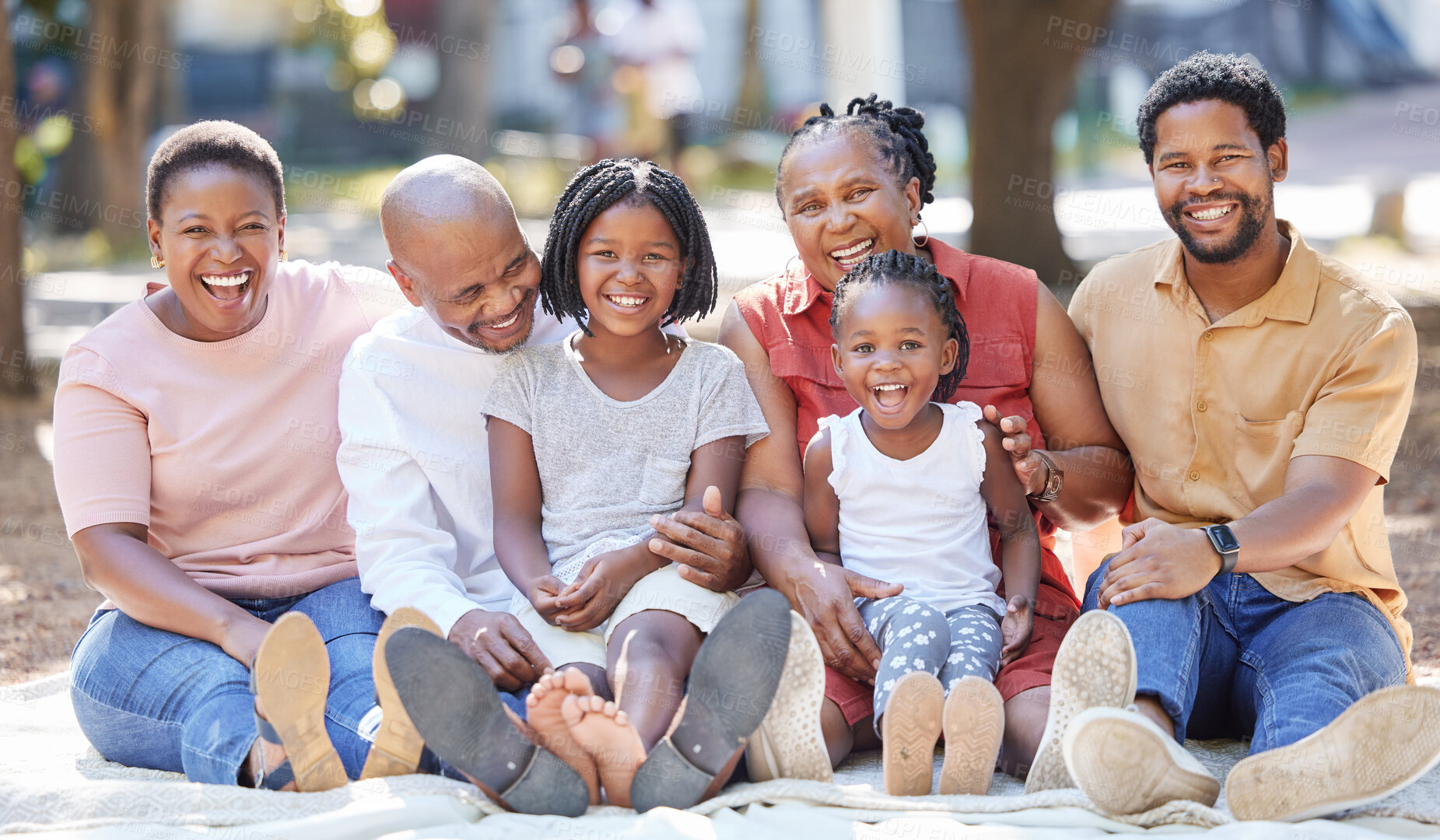 Buy stock photo Generation of happy family, picnic in park and garden for summer in nature outdoors to relax, care and quality time together. Black people portrait of grandparents, parents and children enjoying day