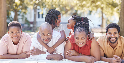 Buy stock photo Nature, garden and portrait of a happy black family relaxing together while on summer vacation. Smile, park and positive african people on a picnic outside while on a holiday in the countryside.