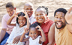 Portrait, happy black family and smile for selfie sitting and bonding in free time together in the outdoors. African father taking a group photo with kids, wife and grandparents on a summer vacation