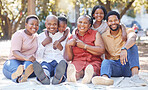 Big family portrait, black people and children, grandparents at outdoor park, picnic or get together. Hug and love of African mother, father and kids with senior grandmother and grandfather in Africa