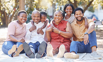 Buy stock photo Big family portrait, black people and children, grandparents at outdoor park, picnic or get together. Hug and love of African mother, father and kids with senior grandmother and grandfather in Africa