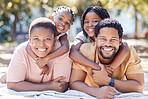 Portrait of relax family in nature park enjoy quality time, outdoor peace and freedom while bonding together. Love, hug and black kids or children enjoy happy summer vacation with mom, dad and smile