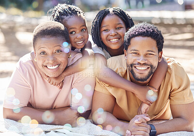 Buy stock photo African family, happy portrait and park in summer, children in nature with parents and happy in garden during summer vacation. Face of girl kids with smile for mother and dad on holiday in spring