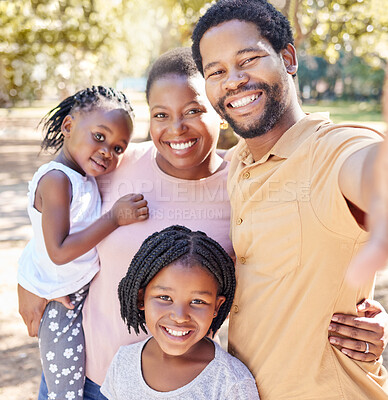 Buy stock photo Happy black family take a selfie in nature on a holiday vacation trip together enjoy quality time at a kids park. Smile, happiness and African girls love taking pictures with their mother and father
