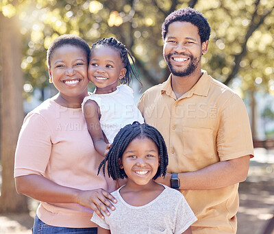 Buy stock photo Portrait of a happy black family in nature in a garden for summer picnic while on holiday. Smile, love and african mother and father with their girl children in outdoor park on a countryside vacation