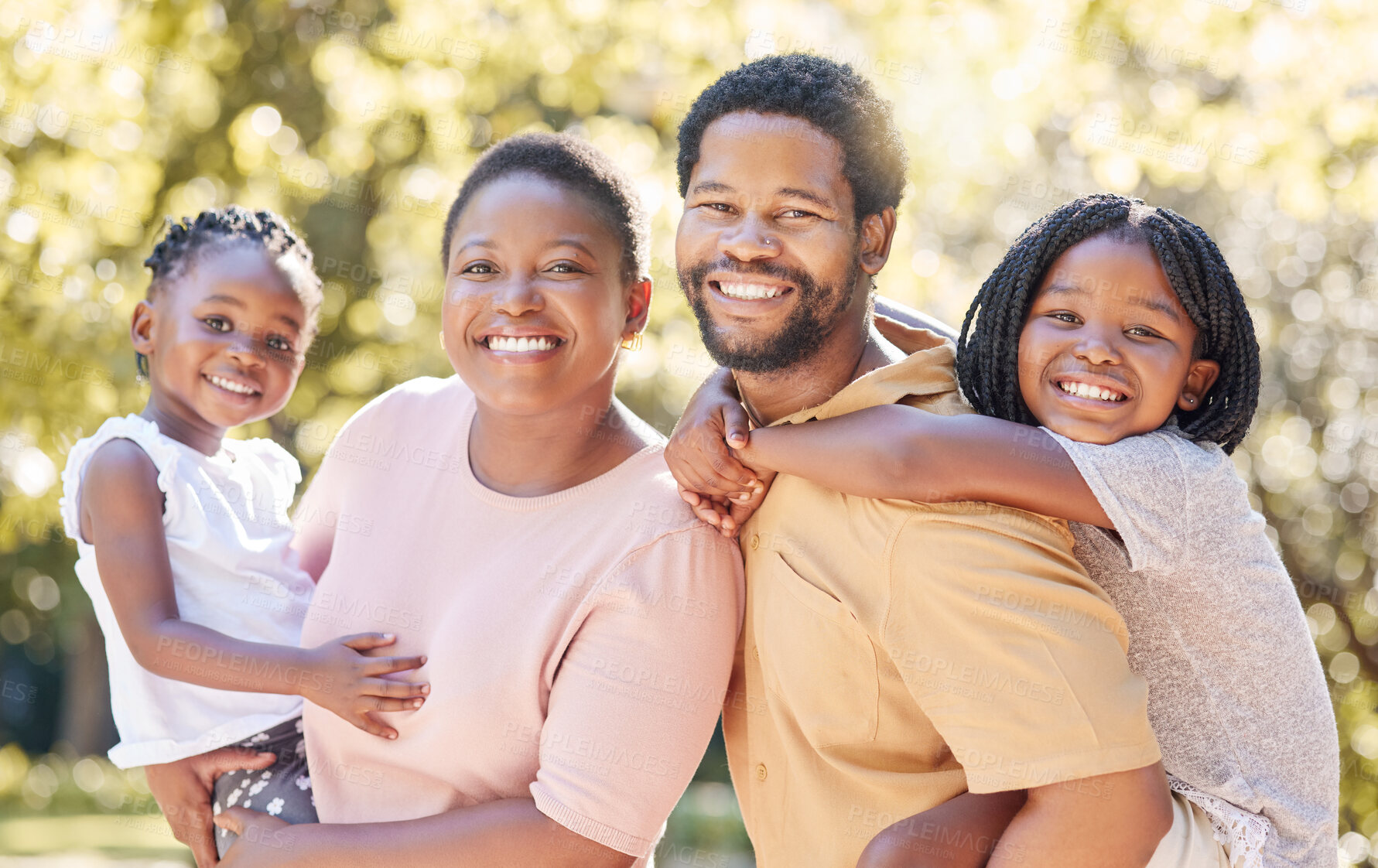 Buy stock photo Children, family and love with a black man, woman and their kids outdoor in the park during summer. Happy, smile and parents with a mother, father and daughters as sister siblings outside together